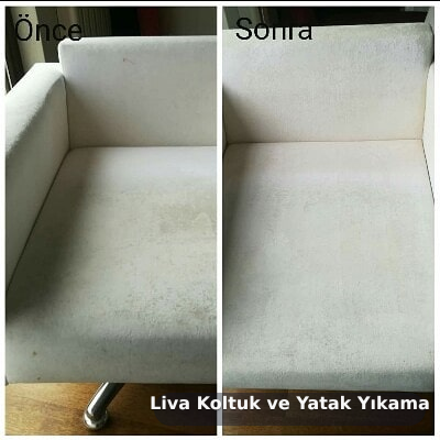 Beyaz kumaş tekli koltuğun Liva yıkama öncesi ve sonrası karşılaştırması