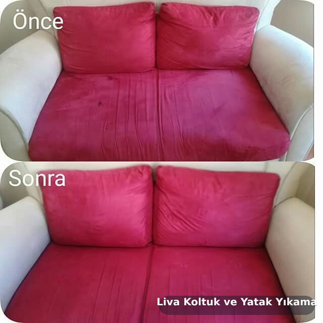 Kırmızı ikili koltuğun Liva yıkama öncesi ve sonrası karşılaştırması