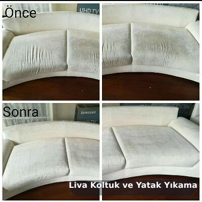 Krem rengi köşe koltuğun Liva yıkama öncesi ve sonrası karşılaştırması
