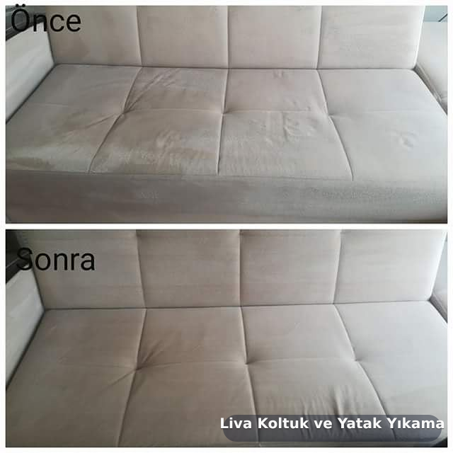 Bej üçlü kanepenin Liva yıkama öncesi ve sonrası karşılaştırması
